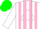 Silk - White triangle panel, purple dragon flies on green lower half, green and pink stripes on white sleeves, pink and green cap