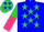 Silk - Blue, lime lightning bolt, blue 'l' and 'a' on lime stars, lime and hot pink halved sleeves