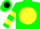 Silk - Green, black 'triple j farm ' on yellow ball, yellow bars on slvs