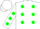 Silk - White with green dots, white sleeves with green dots and 's', white cap