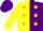Silk - Yellow and purple halves, green, purple and gold vertical dots, purple and yellow opposing sleeves, purple cap