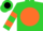 Silk - Lime green, black 'rj' on orange ball, orange bars on sleeves
