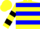 Silk - Yellow, black sa and w, blue hoops, black bars on sleeves, yellow cap