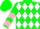 Silk - Green and white diamonds, green sleeves, pink chevrons, green cap