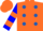 Silk - Dayglo orange, royal blue spots,r blue and d orange hooped sleeves, d orange cap,r blue peak