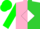 Silk - Pink, lime green diagonal halves, black 'whb' on white diamond green sleeves, green cap