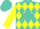 Silk - Turquoise and yellow diamonds, turquoise diamond stripe on yellow sleeves, turquoise cap