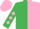 Silk - emerald green and pink halved, diamonds on sleeves, pink cap