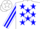 Silk - White, blue 'rb' emblem, blue stars, blue star stripe on sleeves