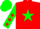 Silk - Red, dayglo green star and sleeves, red stars, dayglo green cap