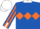Silk - Royal blue, orange diamond hoop, striped sleeves, white collar and cuffs, orange and white checked cap, blue peak
