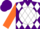 Silk - Purple, white ball, yelow diamonds on orange sleeves