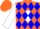 Silk - Orange, blue 'bocat' on white diamond, orange trimmed blue diamonds on white slvs, orange cap