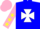 Silk - Blue, white maltese cross, pink sleeves, yellow stars, pink cap, blue peak