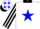 Silk - White, blue star, black and white striped sleeves, black collar and cuffs, white cap, blue stars, black peak