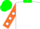 Silk - White, crossed polo mallets, green collar, orange sleeves, white dots, green cap