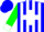 Silk - Blue, blue and green cross on white ball, white stripes and cuffs on green sleeves