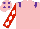 Silk - Pink, purple epaulets, red sleeves, white diamonds, pink cap, purple spots