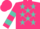 Silk - Hot pink, black 'kl' on turquoise stars, turquoise bars on sleeves, hot pink cap