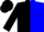 Silk - Black and blue vertical halves, centered white logo, black cuff on blue sleeve, blue cuff on black sleeve, blue and black cap