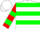 Silk - White, red b, red and green hoops, red and green bars on sleeves, white cap