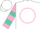 Silk - White, black 'h' in pink circle, pink and turquoise hoops on sleeves