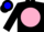 Silk - Black, blue horse emblem on pink ball, pink hoops on black sleeves
