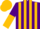 Silk - Purple and gold stripes, purple sleeves, gold hoops on sleeves, purple and gold halved cap