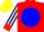Silk - Red, yellow 'w' on blue ball, red cuffs on blue and yellow striped sleeves, blue and yellow cap