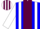 Silk - Blue, maroon stripe, white braces and sleeves, maroon and white striped cap, blue peak