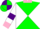 Silk - green, white diabolo,white sleeves, purple armlets, pink collar and cuffs, white cap, purple quarters