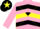 Silk - pink, black chevrons, yellow diabolo on pink sleeves, black cap, yellow star