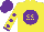 Silk - Yellow, yellow 'ss' in purple ball, purple dots and cuffs on sleeves, purple cap