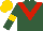 Silk - Hunter green, red chevron, gold horse emblem, gold hoop on slvs, matching cap