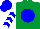 Silk - Emerald green, white mountain and emerald green ar on blue ball, blue chevrons on white sleeves, white and blue cap