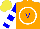 Silk - Orange, white circle, blue 'v,' blue sleeves, two white hoops, yellow cap