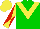 Silk - Green, large yellow chevron, red diagonal quarters on yellow sleeves, yellow cap