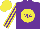 Silk - Purple, purple 'ma' on yellow ball, yellow stripes on sleeves, purple and yellow cap
