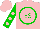 Silk - Pink, green circled 'es', pink dots on green sleeves, pink cap