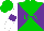 Silk - Green and purple diagonal quarters, green 'latx' on purple band on white sleeve