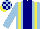 Silk - Light blue, navy blue stripe, yellow braces, light blue sleeves, light blue and navy blue checked cap, yellow peak
