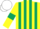 Silk - Yellow and Dark Green stripes, Yellow sleeves, Dark Green armlets, White cap