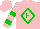 Silk - Pink, green 'f' in diamond frame, green hoops on sleeves, pink cap