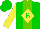 Silk - Green, light green stripe, green 'b' in yellow diamond, yellow sleeves
