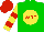 Silk - Green, red 'wrf' in yellow ball, green and red hoops on yellow sleeves, red cap