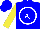 Silk - Blue, white circled white 'aj' on white circle, yellow sleeves