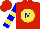 Silk - Red, blue 'm' on yellow ball, yellow hoops on blue slvs