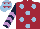 Silk - Maroon, light blue spots, dark blue and mauve chevrons on sleeves, light blue cap, maroon stars