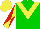 Silk - Green, yellow chevron, red diagonal quarters on yellow sleeves, yellow cap