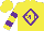 Silk - Yellow, purple diamond framed purple 'mr', purple bars on sleeves